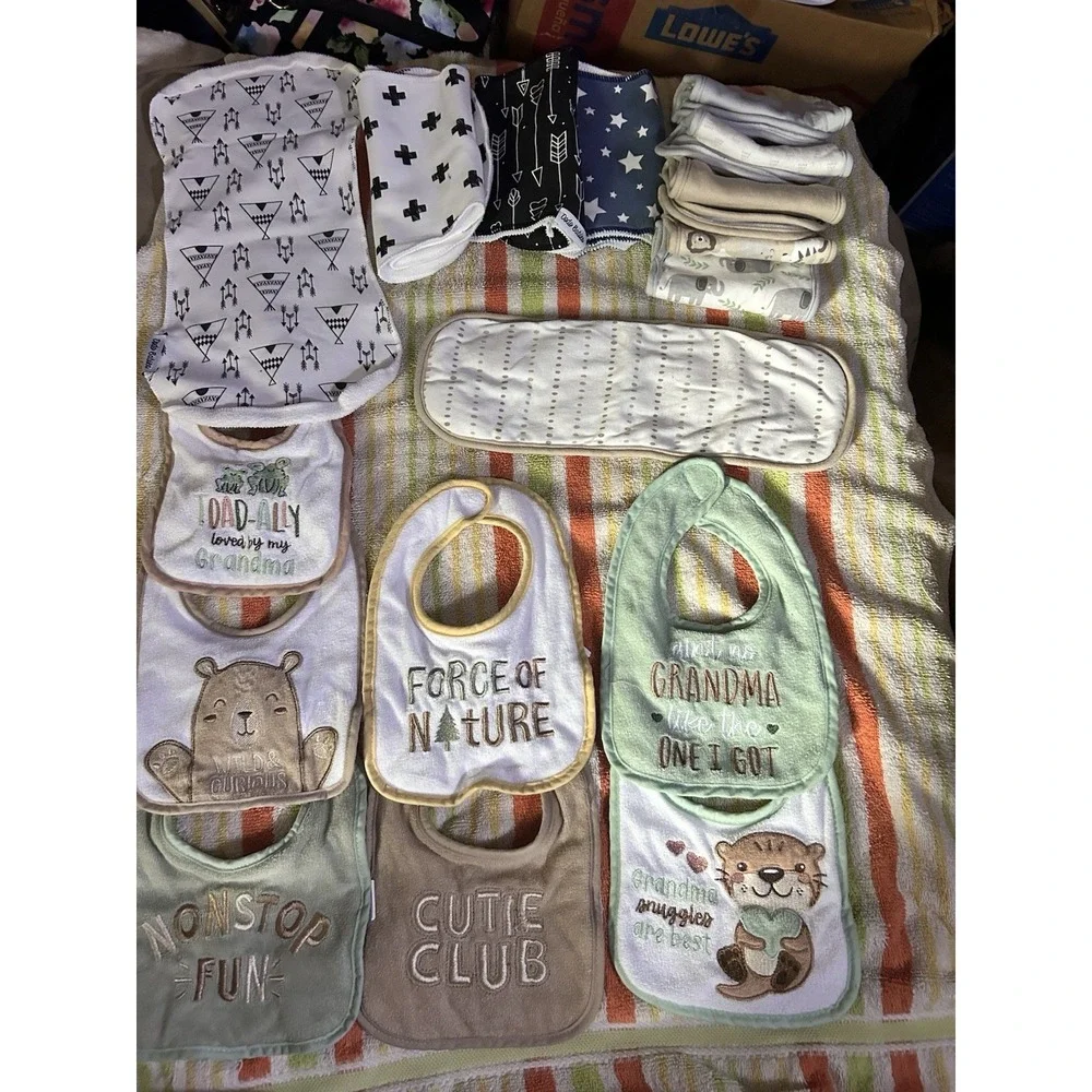 Baby Bib & Burb Cloth Lot Unisex Neutral Woodland Grandma Sayings Infant 17 PCS!